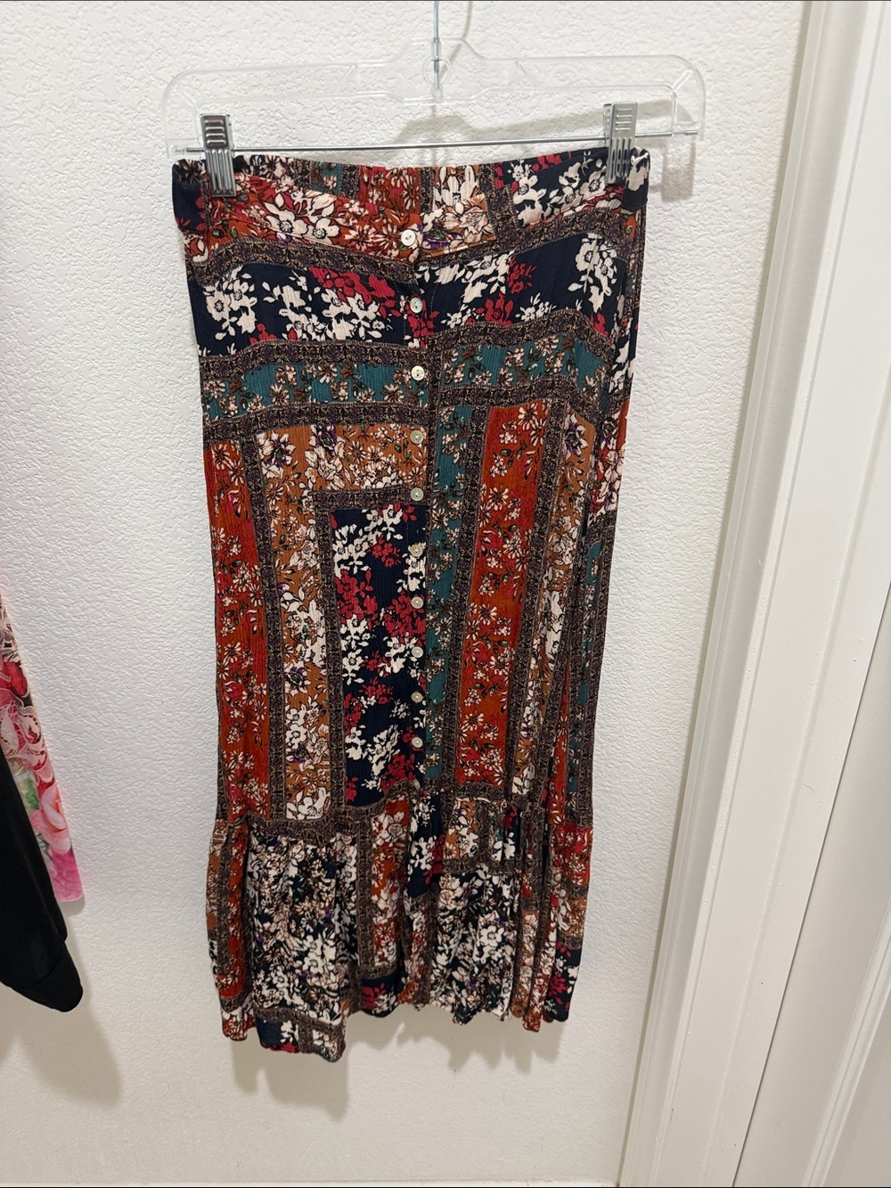 Boho Patchwork Maxi Skirt in Rust, Teal & Navy